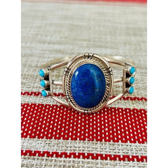 Stunnning Silver Lapis Lazuli & Turquoise Cuff - Picture 6 of 9